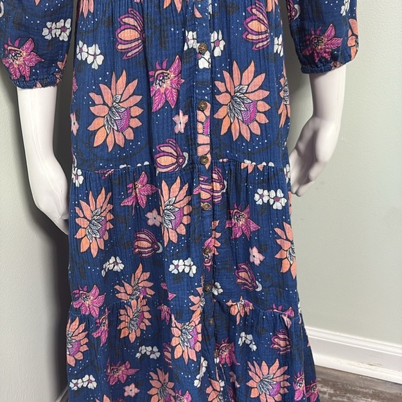 Marine Layer Willow Long Sleeve Midi Dress Batik Floral 100% Cotton Blue Small - Picture 11 of 11